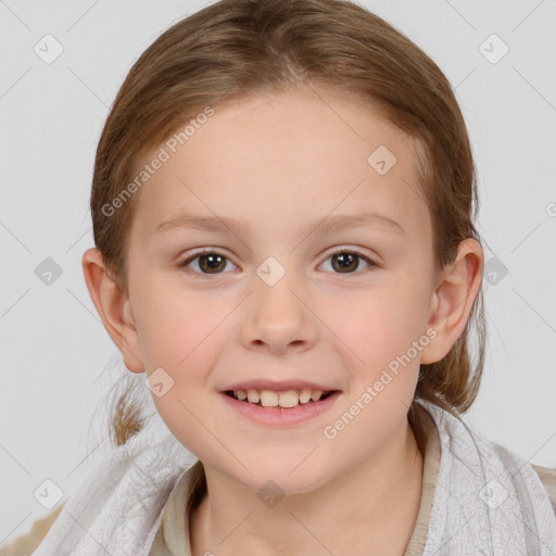 Joyful white child female with medium  brown hair and brown eyes