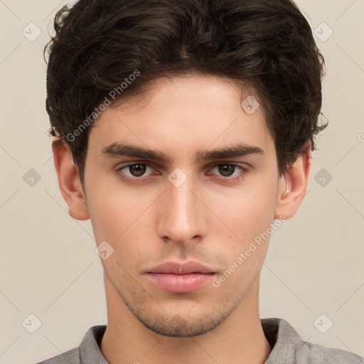 Neutral white young-adult male with short  brown hair and brown eyes