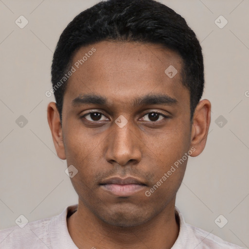 Neutral latino young-adult male with short  black hair and brown eyes
