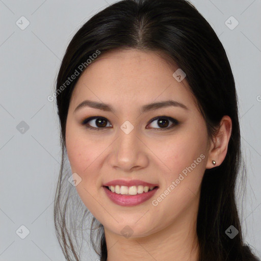 Joyful white young-adult female with long  brown hair and brown eyes