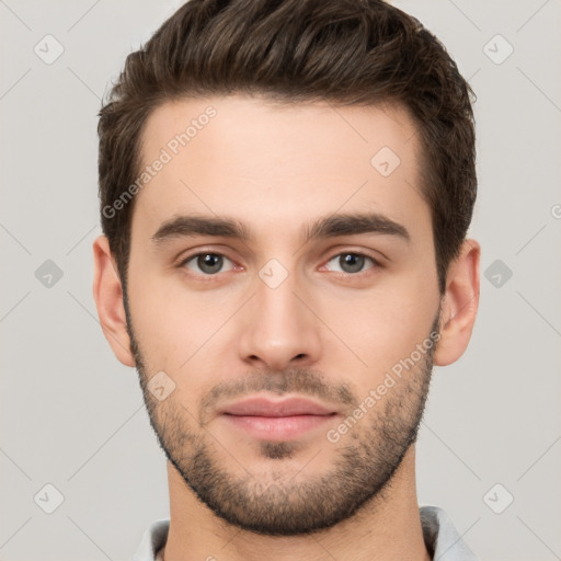 Neutral white young-adult male with short  brown hair and brown eyes