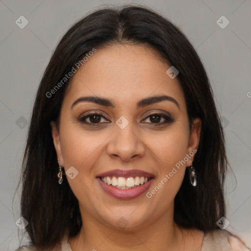 Joyful latino young-adult female with medium  brown hair and brown eyes