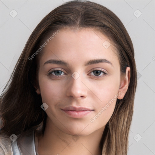 Neutral white young-adult female with long  brown hair and grey eyes