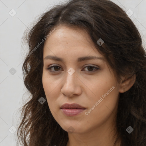 Neutral white young-adult female with long  brown hair and brown eyes