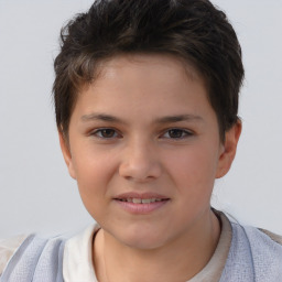 Joyful white child female with short  brown hair and brown eyes