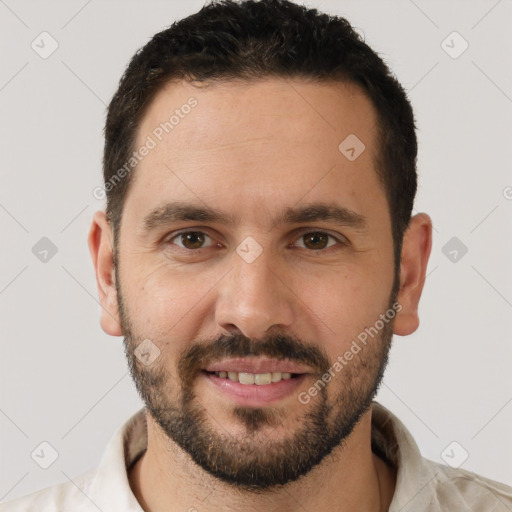 Joyful white young-adult male with short  brown hair and brown eyes