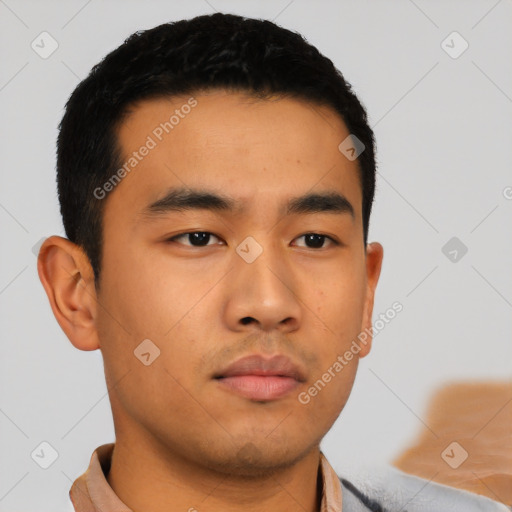 Neutral asian young-adult male with short  black hair and brown eyes