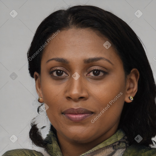 Joyful black young-adult female with medium  black hair and brown eyes