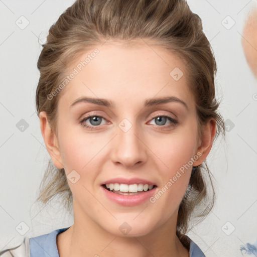 Joyful white young-adult female with medium  brown hair and blue eyes