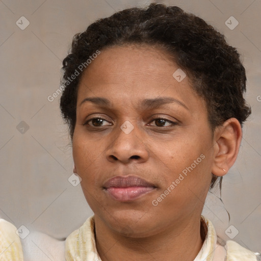 Joyful black adult female with short  brown hair and brown eyes