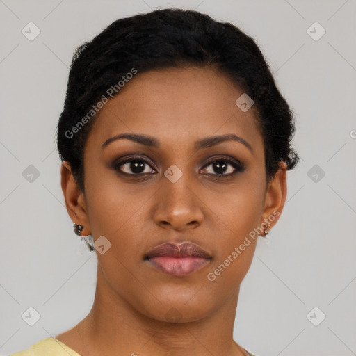 Neutral black young-adult female with short  black hair and brown eyes