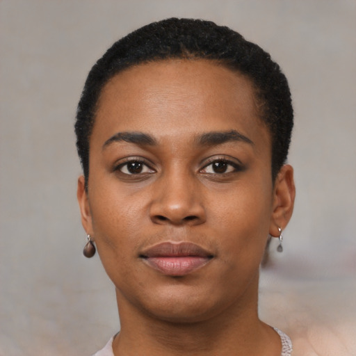Neutral black young-adult female with short  black hair and brown eyes