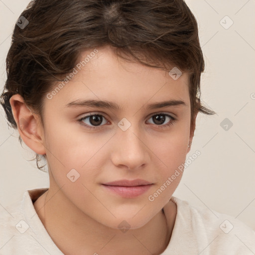 Joyful white child female with medium  brown hair and brown eyes