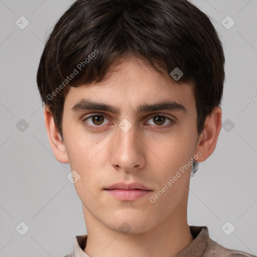 Neutral white young-adult male with short  brown hair and brown eyes