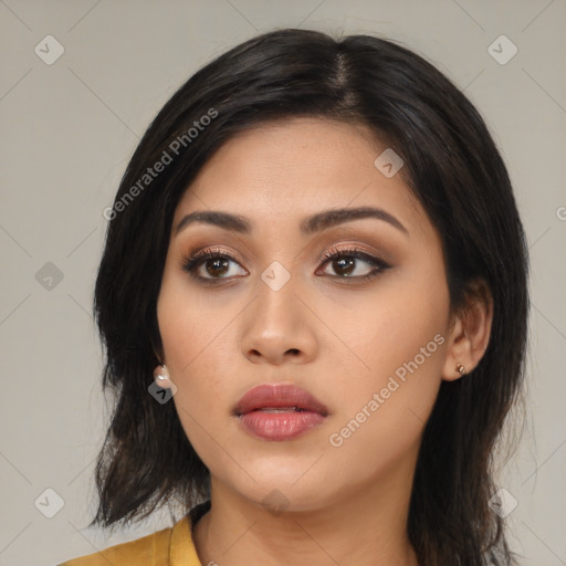 Neutral asian young-adult female with medium  black hair and brown eyes