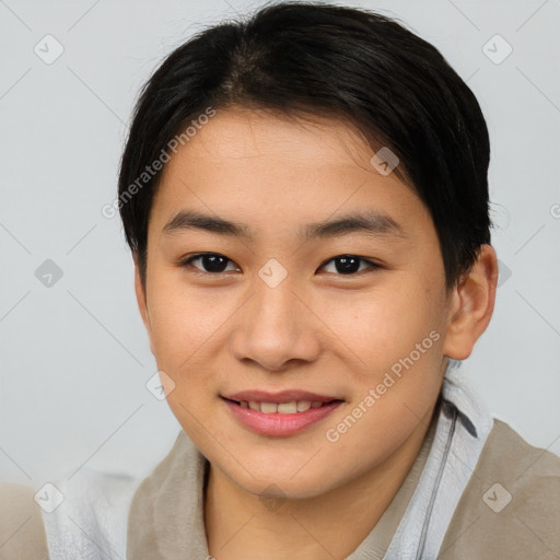 Joyful asian young-adult female with short  brown hair and brown eyes