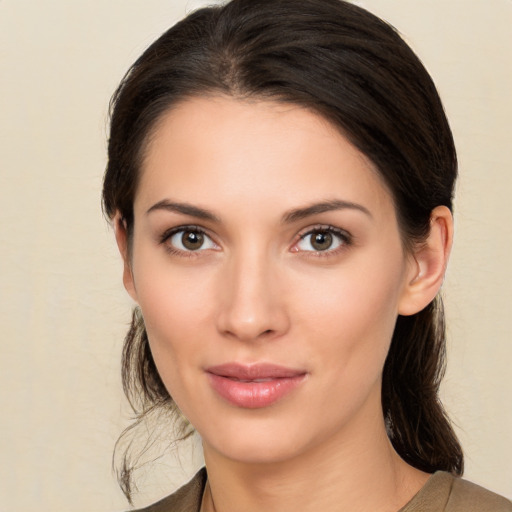 Neutral white young-adult female with medium  brown hair and brown eyes