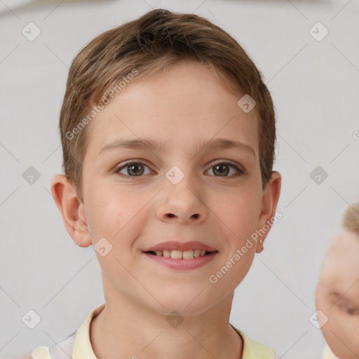 Joyful white child female with short  brown hair and brown eyes