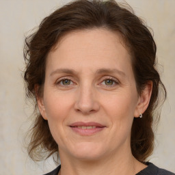 Joyful white adult female with medium  brown hair and grey eyes