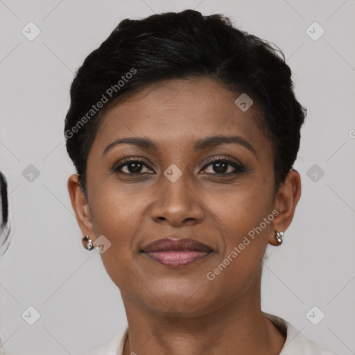 Joyful black young-adult female with short  brown hair and brown eyes