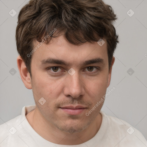 Neutral white young-adult male with short  brown hair and brown eyes