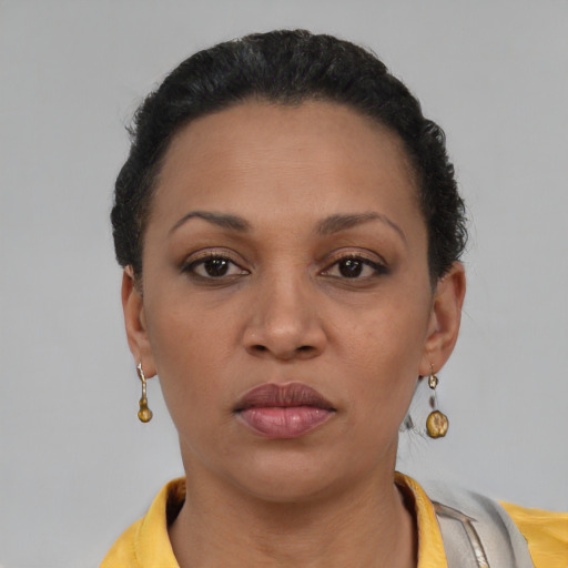 Neutral black young-adult female with short  brown hair and brown eyes