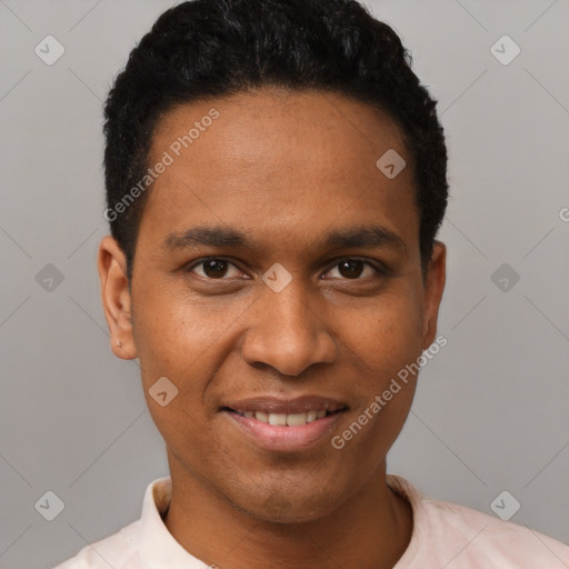 Joyful white young-adult male with short  black hair and brown eyes