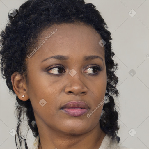 Joyful black young-adult female with long  black hair and brown eyes