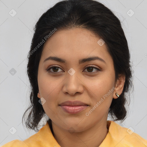 Joyful latino young-adult female with medium  brown hair and brown eyes