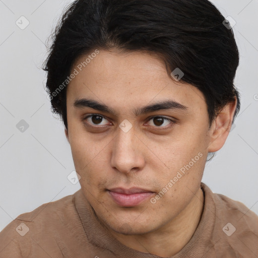 Neutral latino young-adult male with short  brown hair and brown eyes