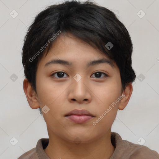Neutral asian young-adult female with short  brown hair and brown eyes