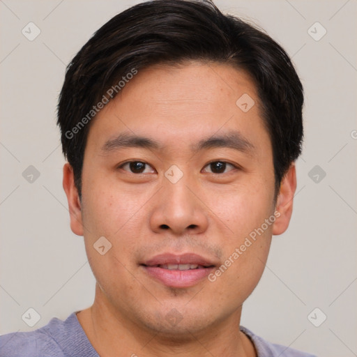 Neutral asian young-adult male with short  brown hair and brown eyes