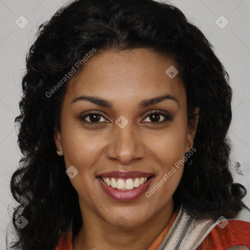 Joyful latino young-adult female with long  brown hair and brown eyes