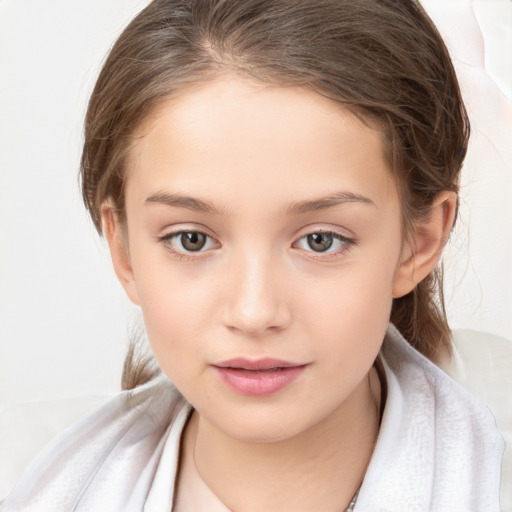 Joyful white child female with medium  brown hair and brown eyes