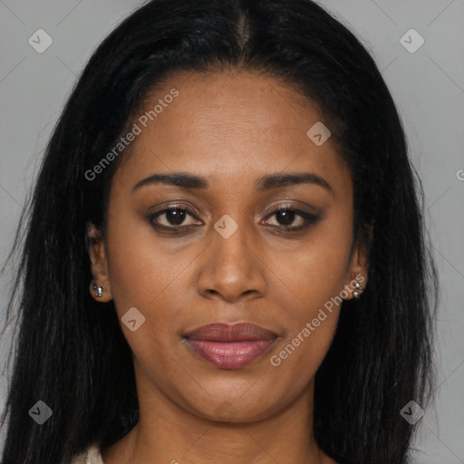 Joyful asian young-adult female with long  brown hair and brown eyes