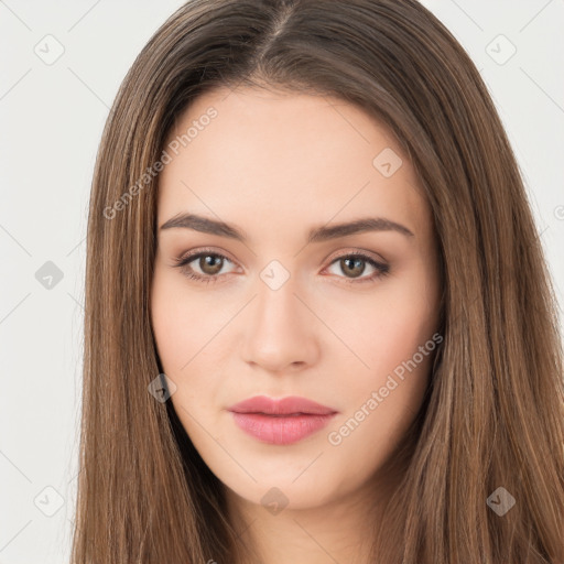 Neutral white young-adult female with long  brown hair and brown eyes