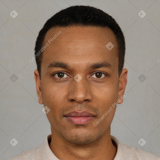 Neutral latino young-adult male with short  black hair and brown eyes