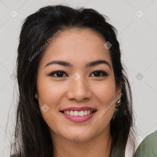 Joyful white young-adult female with long  brown hair and brown eyes