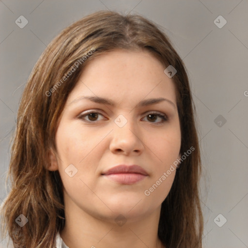 Neutral white young-adult female with long  brown hair and brown eyes