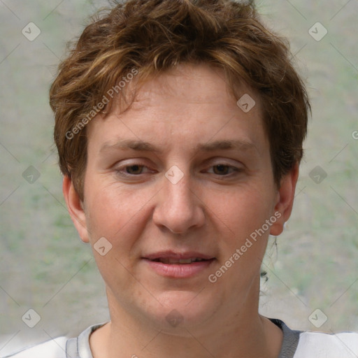 Joyful white adult female with short  brown hair and brown eyes