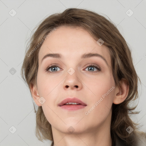 Neutral white young-adult female with medium  brown hair and grey eyes