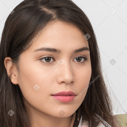 Neutral white young-adult female with long  brown hair and brown eyes