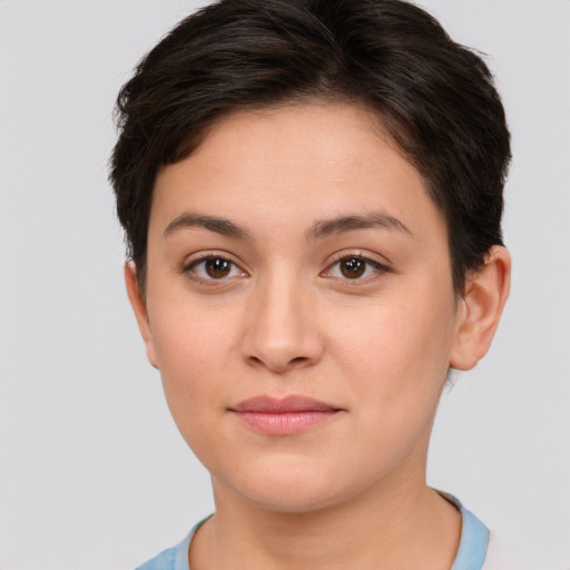 Neutral white young-adult female with short  brown hair and brown eyes