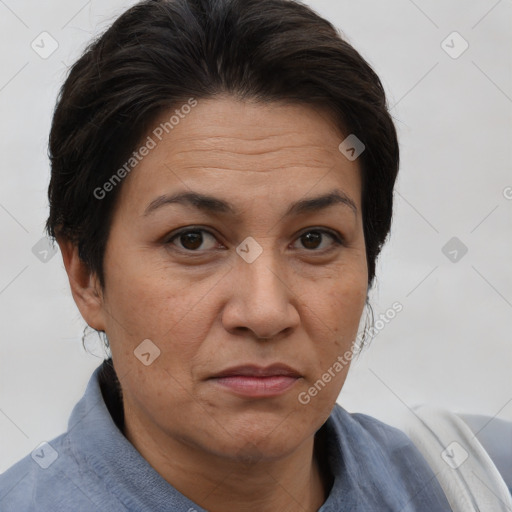 Joyful white adult female with short  brown hair and brown eyes