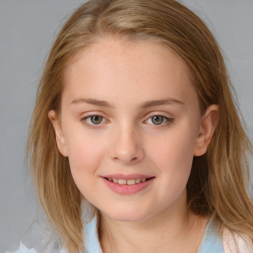 Joyful white child female with medium  brown hair and blue eyes