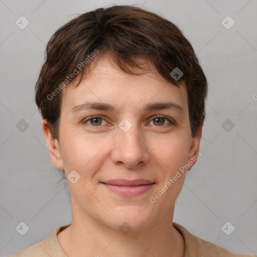 Joyful white young-adult female with short  brown hair and grey eyes