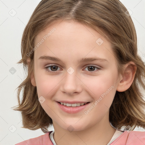 Joyful white child female with medium  brown hair and brown eyes