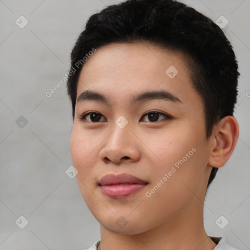 Joyful asian young-adult female with short  black hair and brown eyes