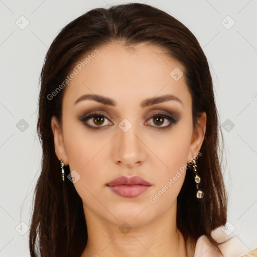 Neutral white young-adult female with long  brown hair and brown eyes