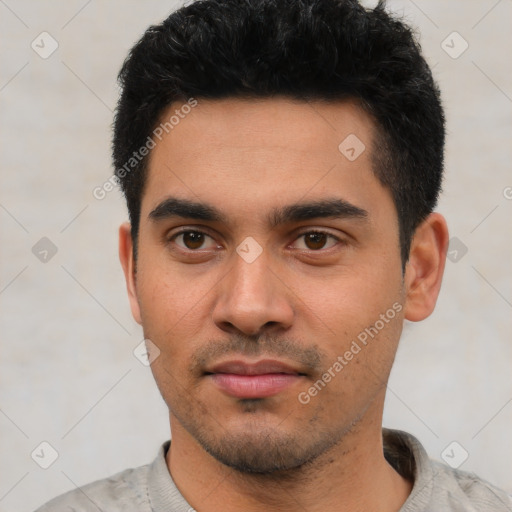 Neutral latino young-adult male with short  black hair and brown eyes